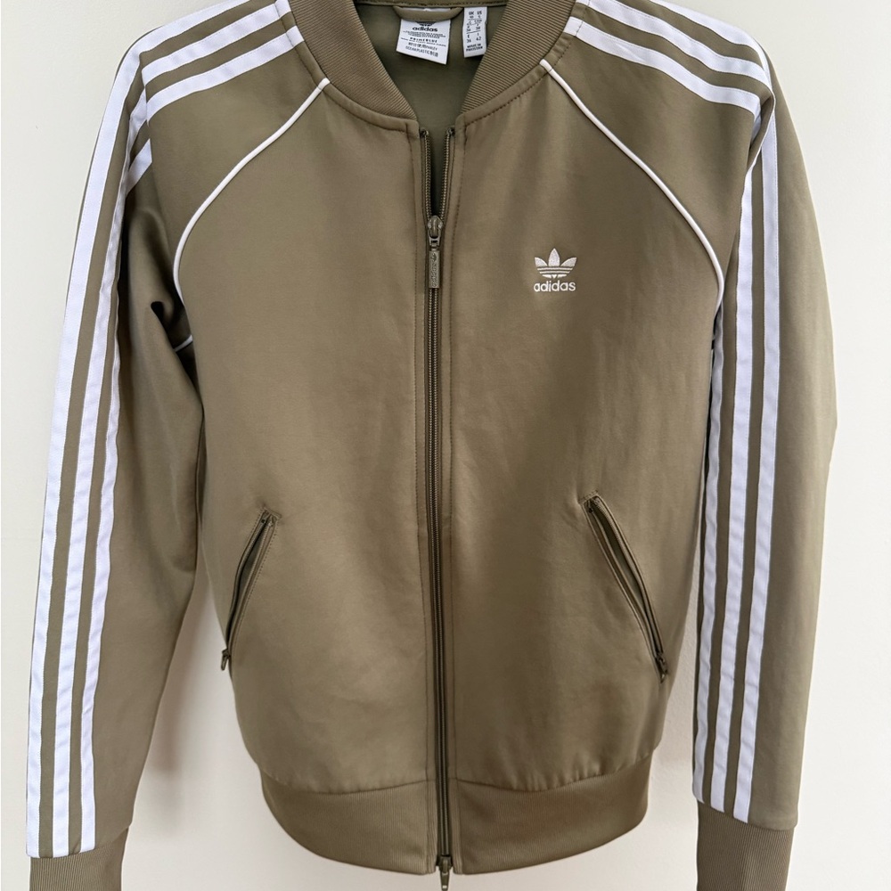 Adidas Women's Olive Bomber Jacket with White Stripes
